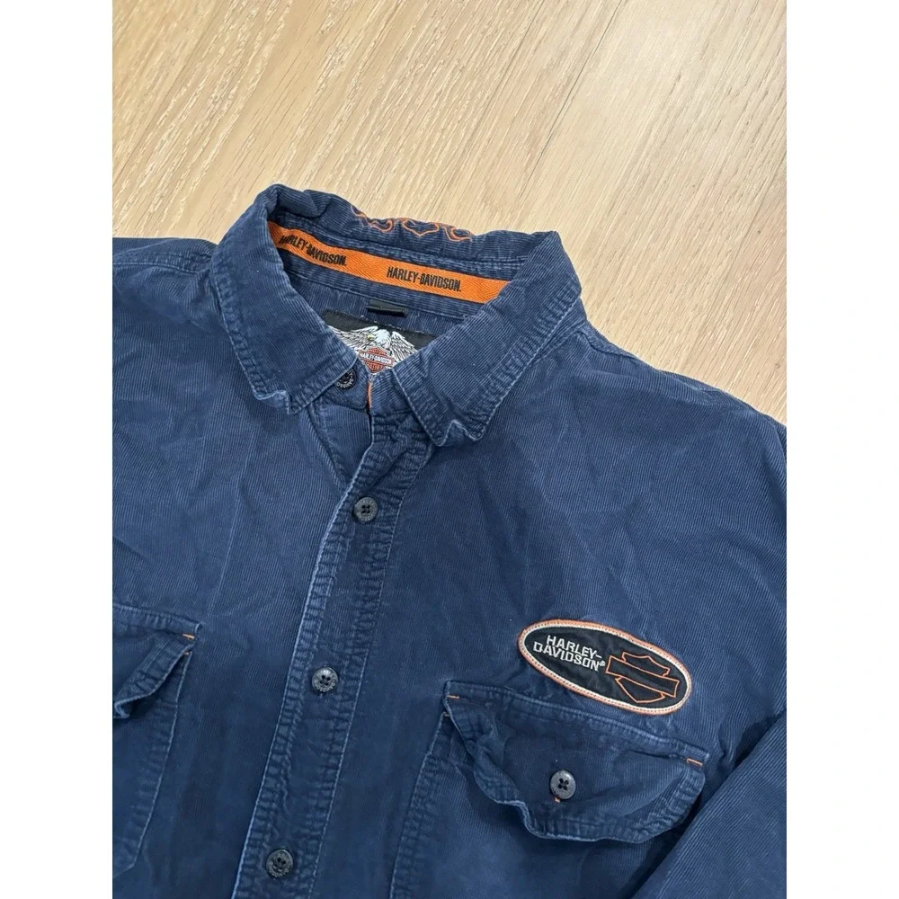 Harley Davidson Button Up Shirt Large Pocket Long Sleeve Blue Corduroy Mens
